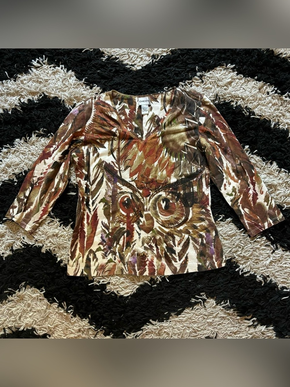 Chico’s Vintage 90’s Abstract Owl 3/4 Sleeve Graphic Shirt Women’s 0